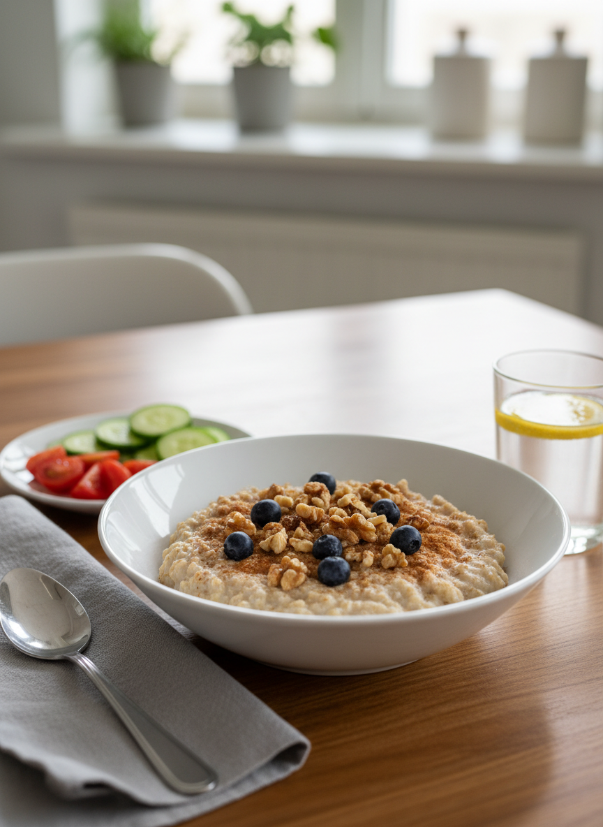 A close-up, photographic realism shot of a polished wooden dining table set for a diabetes-conscious breakfast. In the center, a deep white bowl contains steel-cut oatmeal topped with a modest sprinkle of chopped walnuts, cinnamon, and a small handful of blueberries, each texture clearly visible. Beside it, a small plate holds sliced cucumber and cherry tomatoes, and a clear glass of water with a lemon slice sits nearby. A simple, folded gray cloth napkin and stainless-steel spoon complete the setting. Soft, diffused morning light from a nearby window casts gentle highlights on the oats and glass, with mild shadows creating depth. Captured from a slightly elevated angle using shallow depth of field, the background fades into a soft blur of a serene, uncluttered kitchen, conveying a calm, evidence-based approach to starting the day with stable blood sugar.